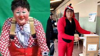 Yogurcito y el joven disfrazado de dragón rojo le aportaron color a las elecciones.