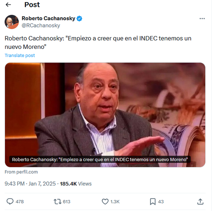 Roberto Cachanosky, cuestionando el accionar del INDEC. Desde que se conocieron en 2015 y a pesar de que teóricamente estarían muy cerca en lo ideológico, siempre fueron perro y gato con Javier Milei (las lanzas se rompieron definitivamente cuando 