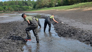 Efectivos militares y cuadrillas técnicas trabajan en el terreno para facilitar el escurrimiento hacia las tomas de agua. Efectivos militares y cuadrillas técnicas trabajan en el terreno para facilitar el escurrimiento hacia las tomas de agua.