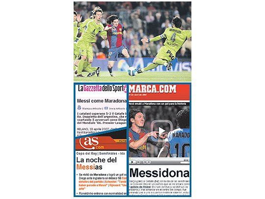 Los diarios deportivos«Marca», «As» y «GazzettaDello Sport», entre otros,dedicaron sus portadas enInternet al gol «maradoniano» de Lionel Messi en elque eludió a 5 jugadores.