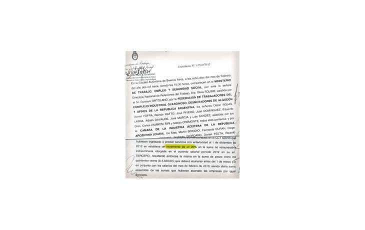 ámbito.com | Los aceiteros y los representantes de las empresas exportadoras y productoras para el mercado interno firmaron en el Ministerio de Trabajo la paritaria para 2013 del sector. El aumento nominal será del 20% y  el real del 21%.