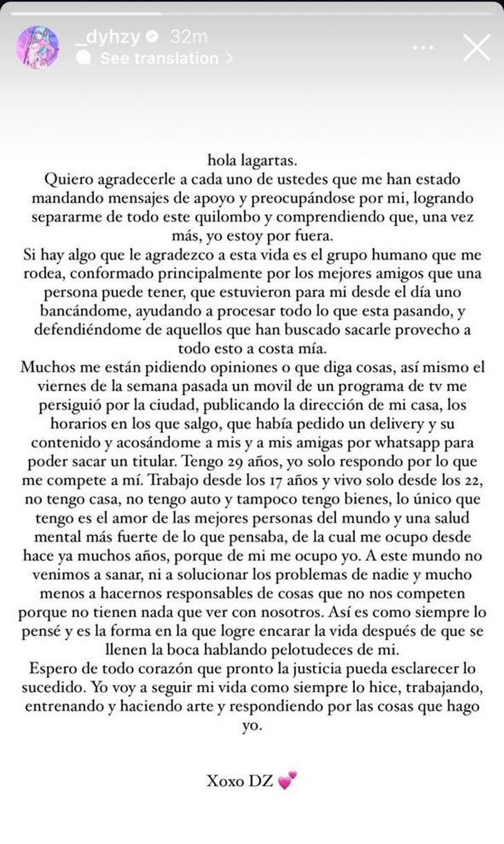 El mensaje que publicó Dyhzy en su Instagram. El mensaje que publicó Dyhzy en su Instagram.