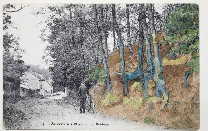 Postal de Anvers-sur-Oise donde se reconocen las raíces de los árboles que inspiraron a Vincent van Gogh.