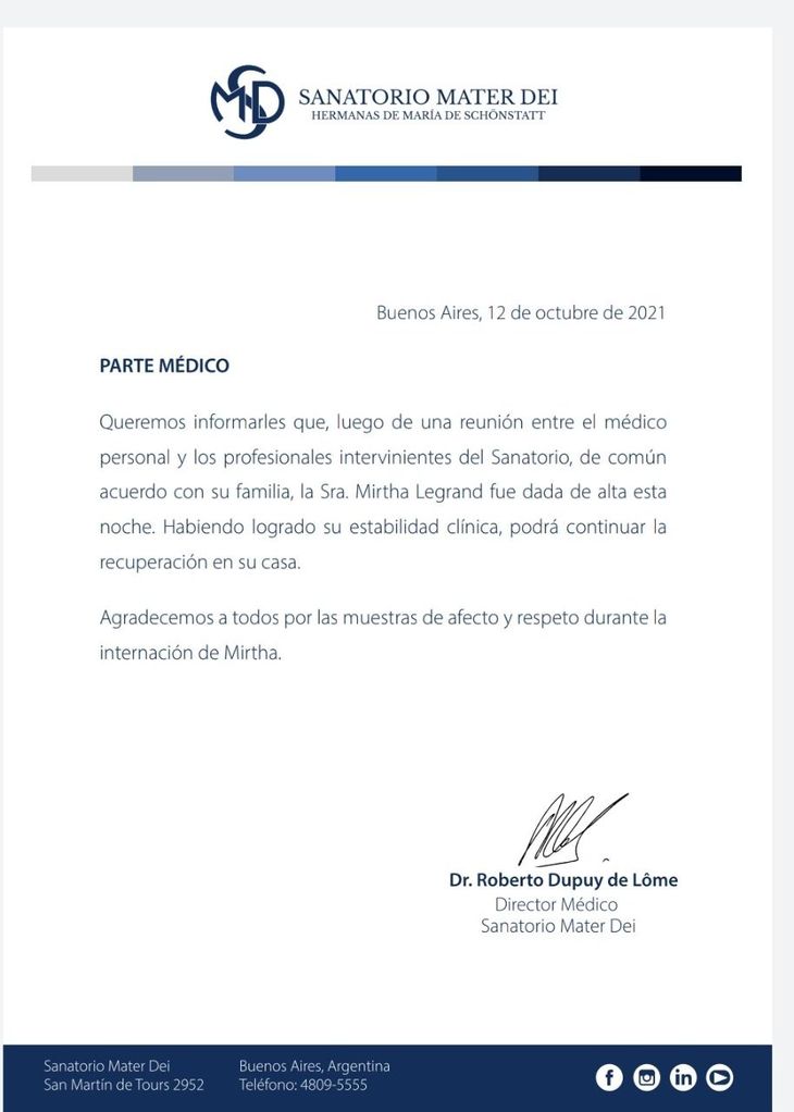 Mirtha Legrand was discharged and will continue her recovery at home