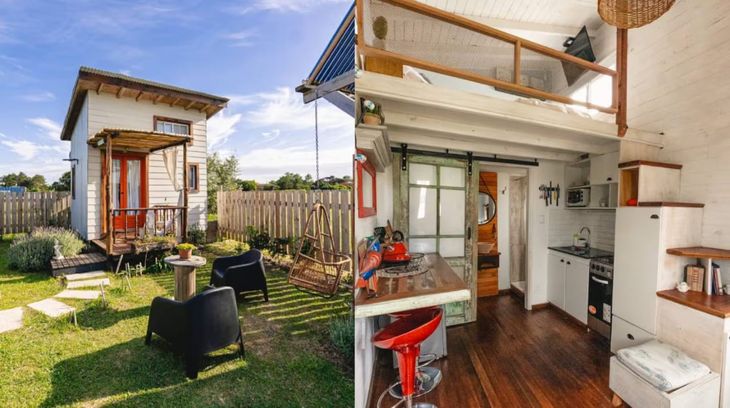Exterior e interior de una tiny house realizada con materiales sustentables Exterior e interior de una tiny house realizada con materiales sustentables