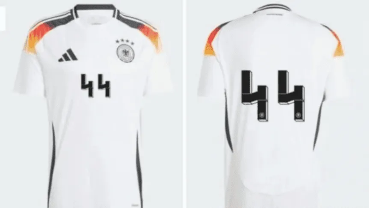 The controversial design of the 44 on the Germany shirt, similar to the Nazi symbol. The controversial design of the 44 on the Germany shirt, similar to the Nazi symbol.