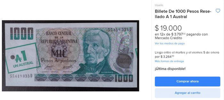 This is how this $1000 bill appears published in Mercado Libre.