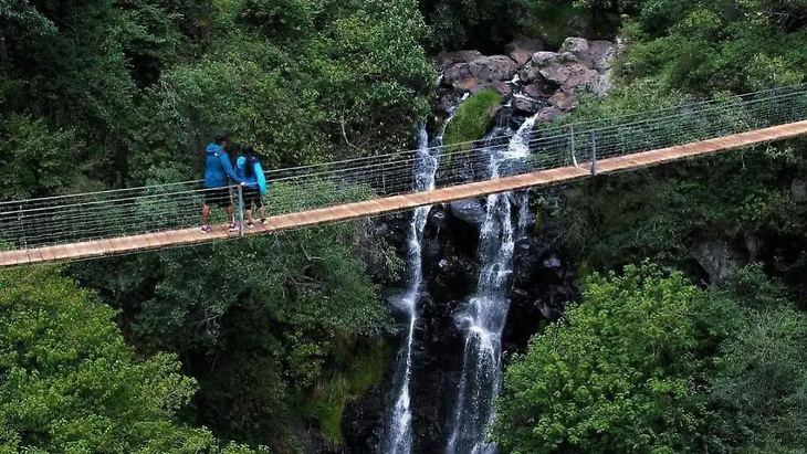 Los puentes de madera rústica distribuidos por el Proyecto Turístico Comunitario Tonalli permiten cruzar los ríos cristalinos de forma segura. Los puentes de madera rústica distribuidos por el Proyecto Turístico Comunitario Tonalli permiten cruzar los ríos cristalinos de forma segura.