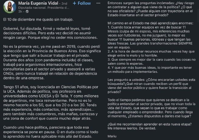 El posteo de Vidal buscando trabajo.&nbsp;