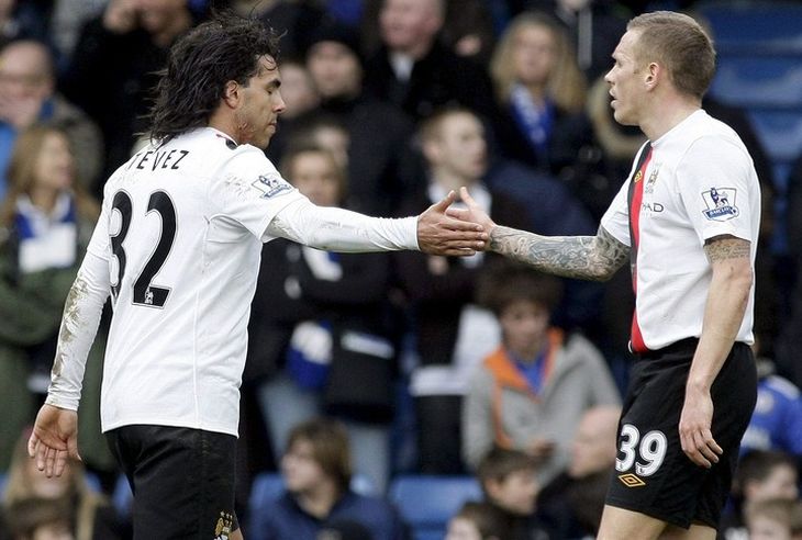 Craig Bellamy with Carlos Tevez at Manchester City in English football. Craig Bellamy with Carlos Tevez at Manchester City in English football.