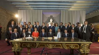El gabinete ampliado de Mauricio Macri en el 2015. Al lado del Presidente, Marcos Peña.