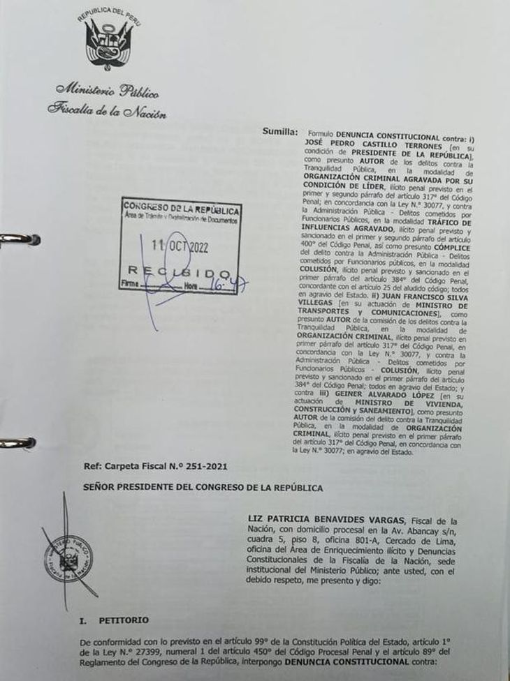 La denuncia presentada contra Pedro Castillo. 