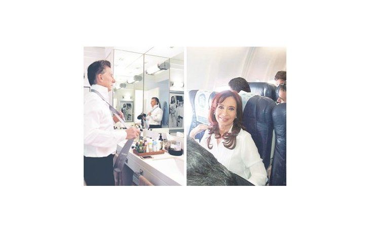 Privacidad I: Mauricio Macri fue a su casa antes de la jura de los ministros en la Casa de Gobierno y se hizo fotografías en el baño -inédito en presidentes- mientras se colocaba la corbata para la ceremonia. Privacidad II: Cristina de Kirchner viajó ayer a Santa Cruz en un avión de línea y también fue registrada como una pasajera más en la aeronave. El viaje fue para acompañar a su cuñada como nueva gobernadora.