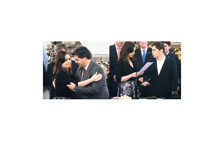 Jorge Capitanich y Axel Kicillof ayer, al tomarles juramento en sus nuevos cargos la Presidente. También juró Carlos Casamiquela.