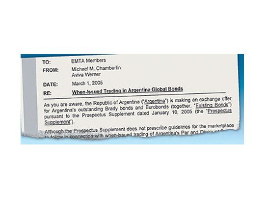 Documento del EMTA (sigla en inglés de Asociación de Operadores de Mercados Emergentes) que fue distribuido ayer entre 70 bancos y fondos de Wall Street para incorporarse a la operatoria de los nuevos bonos argentinos a futuro.