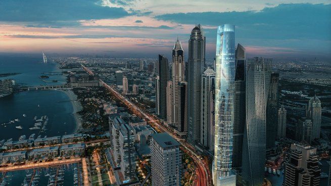 Render del conjunto urbano donde se levanta el Ciel Dubai Marina, con vistas hacia el Golfo Pérsico (Foto: The First Group)