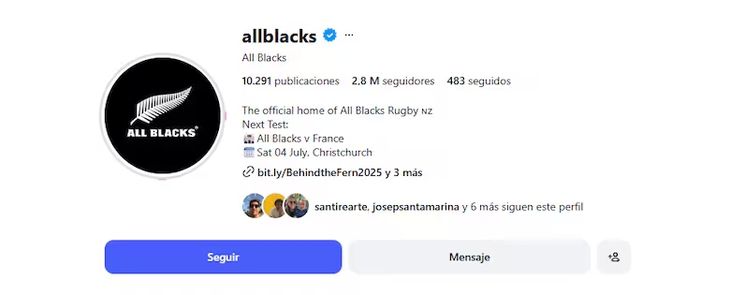 La cuenta oficial de los All Blacks suma 2,8 millones de seguidores, Tim Payne los superó con 4 millones. La cuenta oficial de los All Blacks suma 2,8 millones de seguidores, Tim Payne los superó con 4 millones.