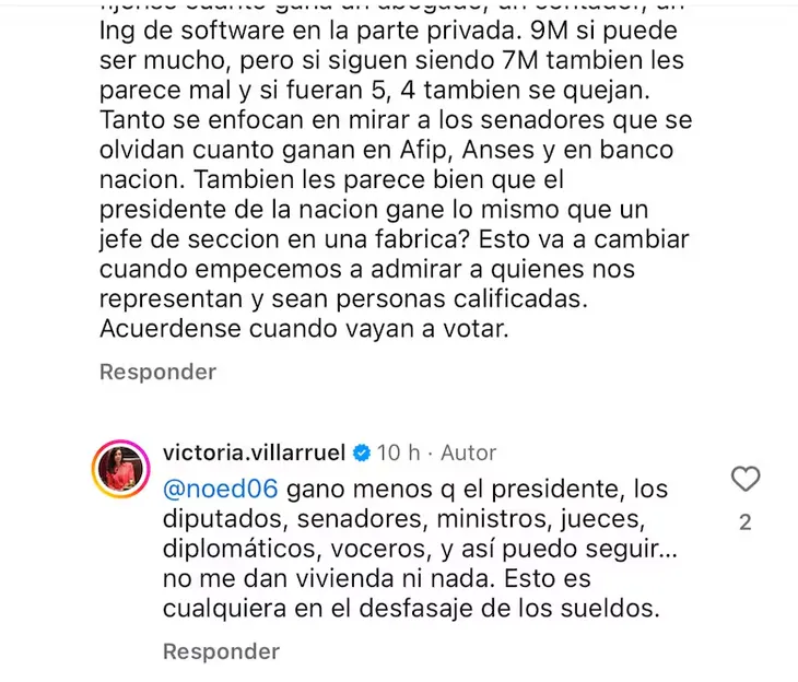 Una de las respuestas de Villarruel en su cuenta de Instagram.