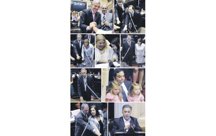 Julián Domínguez, acompañado por José María Díaz Bancalari, recibió el apoyo de los bloques como presidente de la Cámara. Sergio Massa juró junto a sus dos hijos. Julio Cobos soportó silbatinas. Hermes Binner, con Alicia Ciciliani, vuelve al recinto después tras 2007-2011. Elisa Carrió se divirtió junto a la peronista Sandra Mendoza. El exgobernador cordobés Juan Schiaretti llegó al Congreso con su provincia convulsionada. El macrista Jorge Triaca con sus hijas. El trotskismo con Néstor Pitrola.