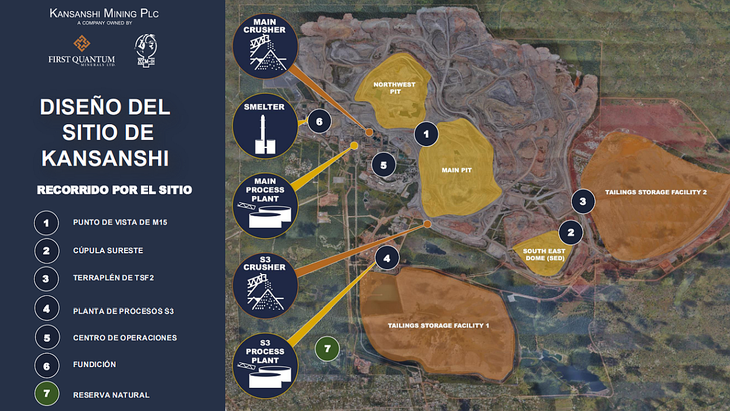 Mapa de la mina Kansanshi. Las comunidades zambianas pasaron de recibir solo el 5% del empleo minero a ocupar más del 90% de los puestos en varias operaciones del Copperbelt. El proceso de “zambianización” permitió que técnicos locales reemplacen progresivamente a personal extranjero en posiciones clave dentro de las minas de cobre. Mapa de la mina Kansanshi. Las comunidades zambianas pasaron de recibir solo el 5% del empleo minero a ocupar más del 90% de los puestos en varias operaciones del Copperbelt. El proceso de “zambianización” permitió que técnicos locales reemplacen progresivamente a personal extranjero en posiciones clave dentro de las minas de cobre.