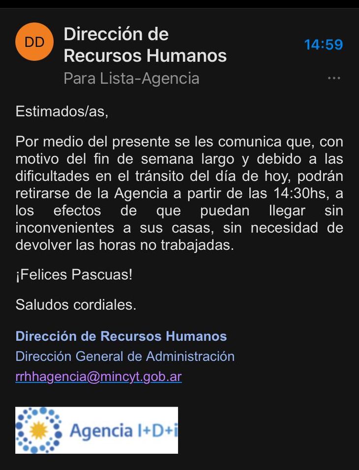 Correo que recibieron los trabajadores de la Agencia Nacional de Promoción de la Investigación, el Desarrollo Tecnológico y la Innovación, donde los invitaban a retirarse antes por el tráfico. Correo que recibieron los trabajadores de la Agencia Nacional de Promoción de la Investigación, el Desarrollo Tecnológico y la Innovación, donde los invitaban a retirarse antes por el tráfico.