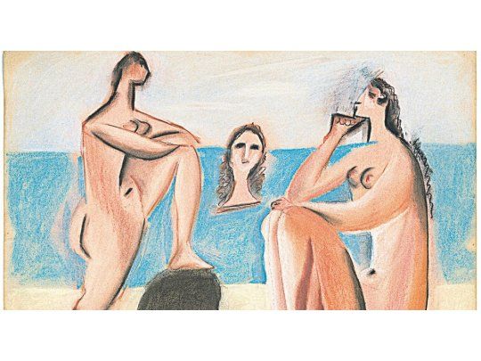 cuerpos. Arriba, “Tres bañistas” (1920), cuando sus mujeres empiezan a volverse inmensas y monumentales.