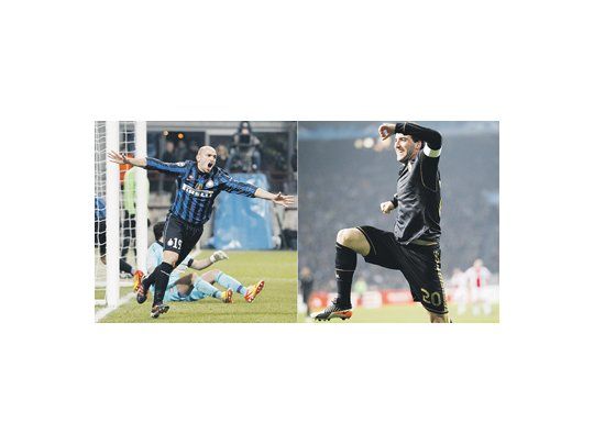Esteban Cambiasso y su felicidad al marcar el gol. Gonzalo Higuaín y una sana costumbre de hacer goles.