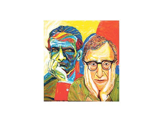 Woody Allen interactuando con César Vallejo, en una de las pinturas de Hugo Echarri.