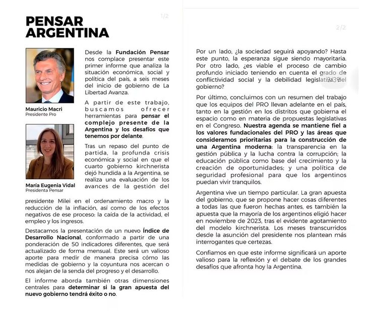 El informe de la Fundación Pensar fue firmado por Mauricio Macri y María Eugenia Vidal. 