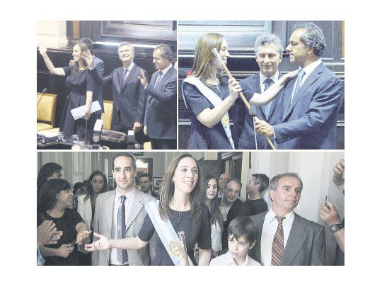 Mauricio Macri acompañó a  María Eugenia Vidal en la jura. Daniel Scioli se diferenció de Cristina de Kirchner y entregó la banda y el bastón a la gobernadora, que se retiró acompañada por su familia.