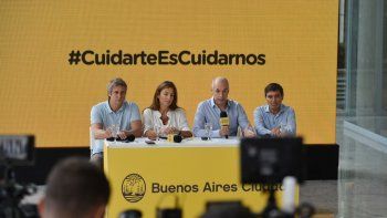 Juntos. Felipe Miguel, Soledad Acuña, Horario Rodríguez Larreta y Fernán González Bernaldo de Quirós durante los anuncios de ayer.&nbsp;
