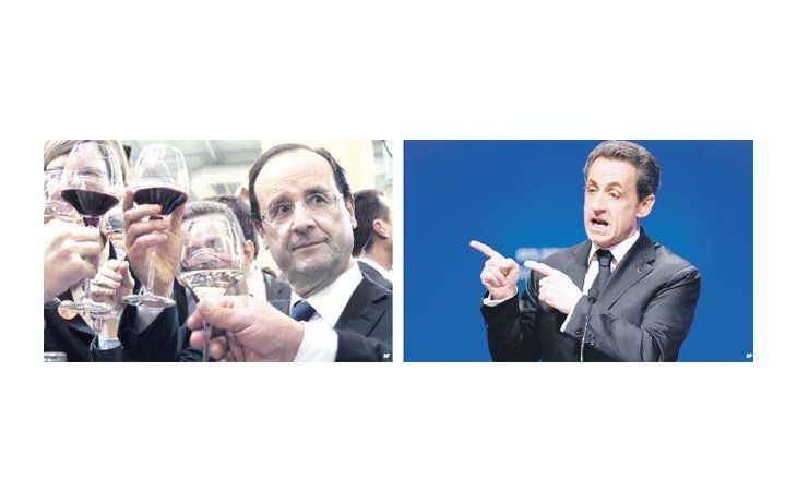 El candidato presidencial socialista, François Hollande, visitó ayer una feria de agricultura en París y probó buenos vinos. Su rival y actual presidente, Nicolas Sarkozy, le replicó duramente en un acto en Montpellier.