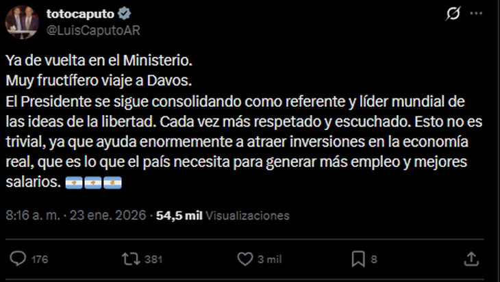 El mensaje completo de Caputo, ya en suelo argentino. El mensaje completo de Caputo, ya en suelo argentino.