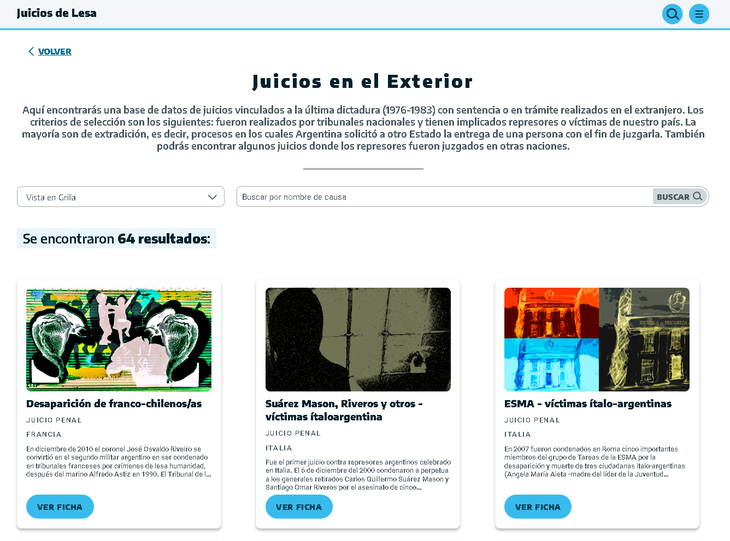 La base de datos que permite acceder a toda la información sobre los juicios de lesa humanidad realizados en el exterior. La base de datos que permite acceder a toda la información sobre los juicios de lesa humanidad realizados en el exterior.