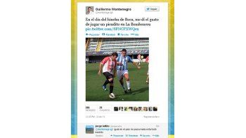 En su perfil de Twitter, Guillermo Montenegro publicó un foto del partido en la Bombonera mientras en el Obelisco los hinchas xeneizes provocaban destrozos.  Igual en el pais no pasa nada esta todo trankilo, le comentó un usuario de esa red.