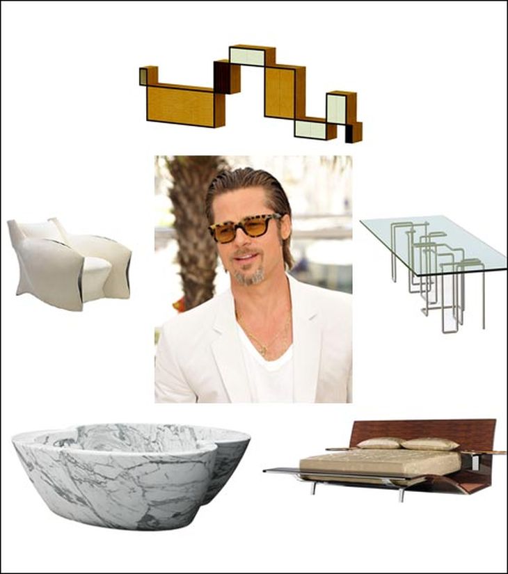 Brad Pitt con algunos de su muebles de diseño. (Foto revista Hola)