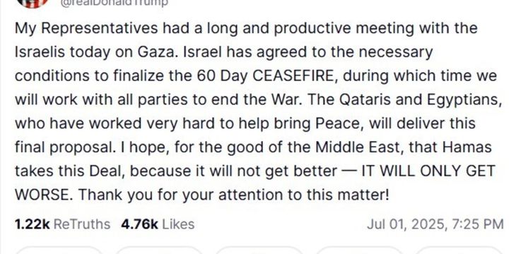 El mensaje de Donald Trump en Truth Social. El mensaje de Donald Trump en Truth Social.