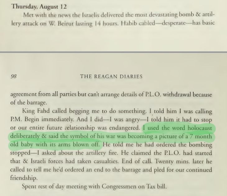 Ronald Regan relató en su diario que llego a definir de manera consciente las acciones de Israel sobre el Libano de Holocausto, para detener la matanza. Ronald Regan relató en su diario que llego a definir de manera consciente las acciones de Israel sobre el Libano de Holocausto, para detener la matanza.