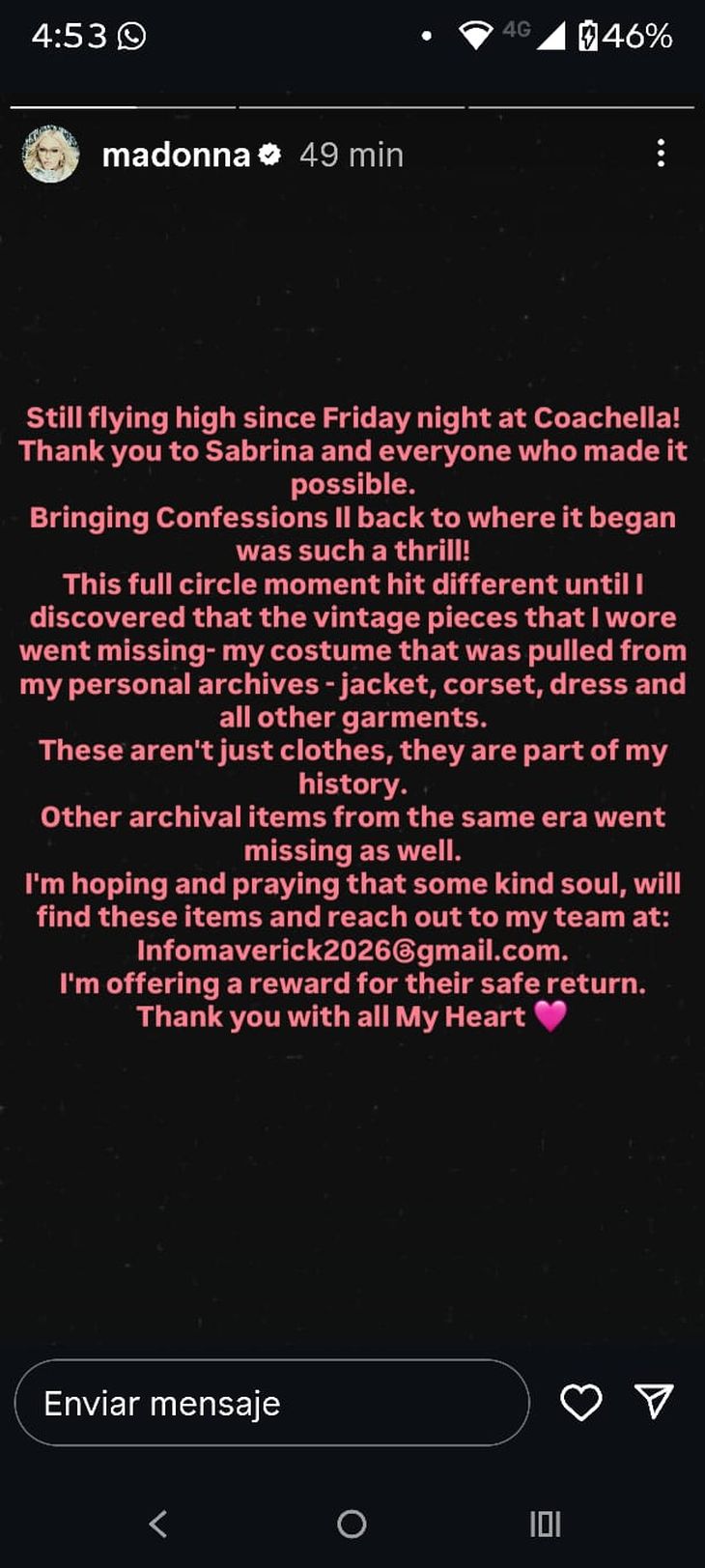 La historia de la cantante en Instagram.