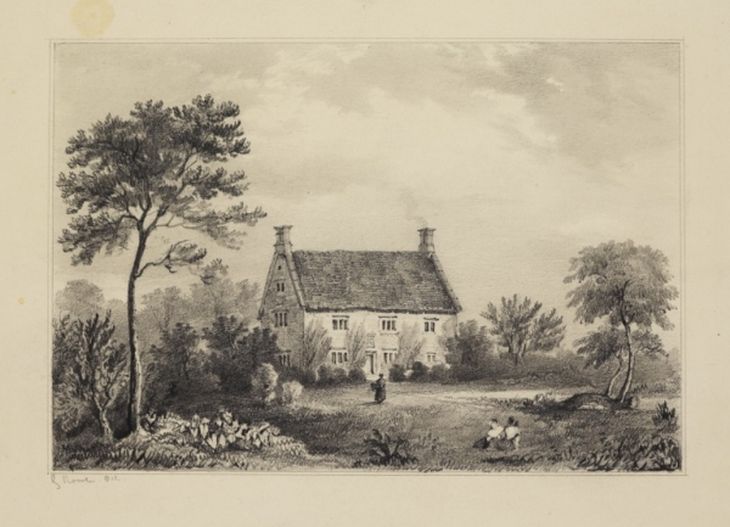 El hogar de los Newton. Litografía del reverendo Charles Turnor de 1820. A la derecha se ve el manzano del cual Isaac habría visto caer la fruto (el árbol se cayó durante una tormenta en 1816, pero rebrotó) El hogar de los Newton. Litografía del reverendo Charles Turnor de 1820. A la derecha se ve el manzano del cual Isaac habría visto caer la fruto (el árbol se cayó durante una tormenta en 1816, pero rebrotó)