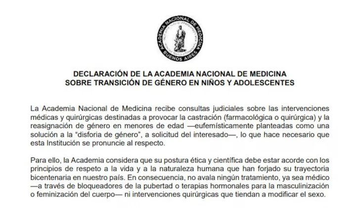 El comunicado emitido por la Academia Nacional de Medicina de Buenos Aires.