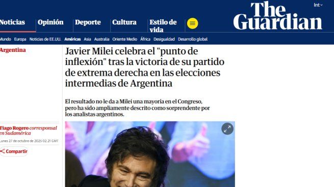La portada de The Guardian tras la victoria de Javier Milei en las elecciones legislativas.