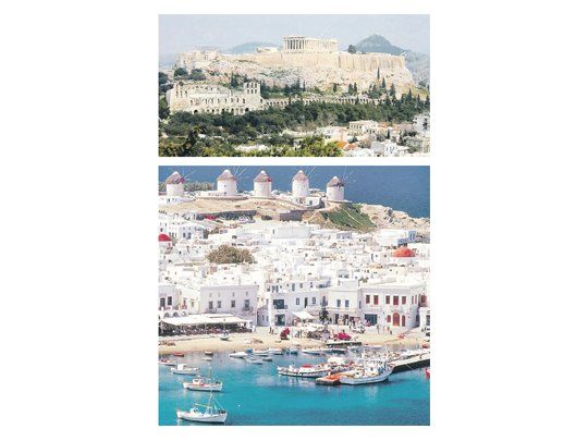 La Acrópolis de Atenas (arriba) y Mikonos, dos postales del turismo de Grecia.