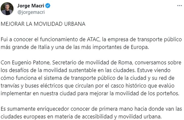 Tuit de Macri tras conocer el funcionamiento de ATAC. Tuit de Macri tras conocer el funcionamiento de ATAC.