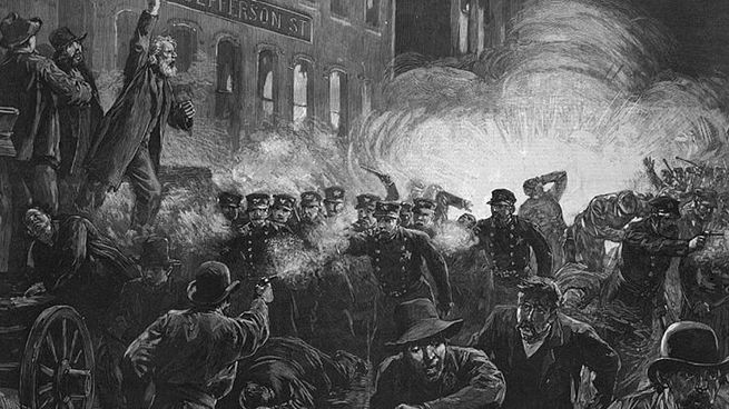 Ilustración de la represión policial en las afueras de la empresa McCormick el 1 de mayo de 1886