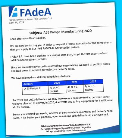 Orden. Copia de la comunicación a proveedores sobre las necesidades para la línea de producción del IA-63 Pampa III.