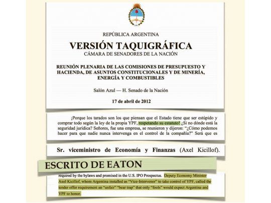 Evidencia. Los fondos Eaton y Burford presentaron ante los tribunales de NY una frase de Kicillof afirmando que no se respetaría el “estatuto”.
