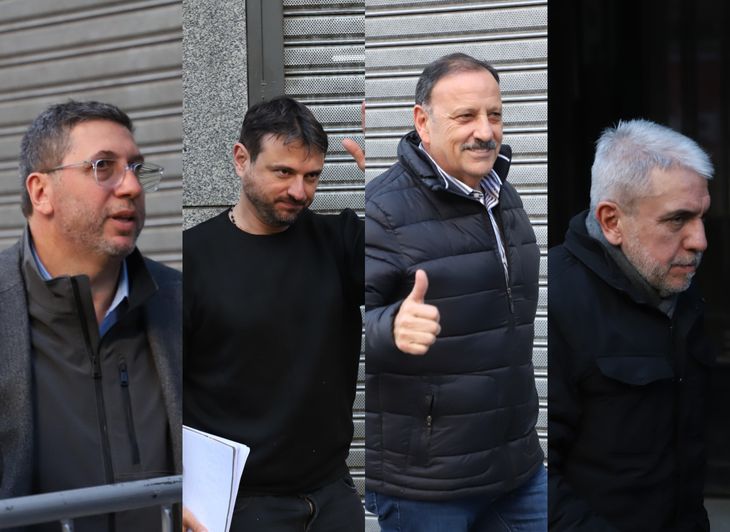 Juan Manuel Olmos, Juan Grabois, Ricardo Quintela y Aníbal Fernández antes de ingresar a la sede del PJ.