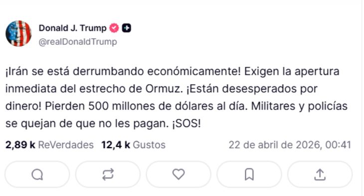 El presidente estadounidense afirmó que Teherán pierde millones por día bajo el cerco naval impuesto por Washington.