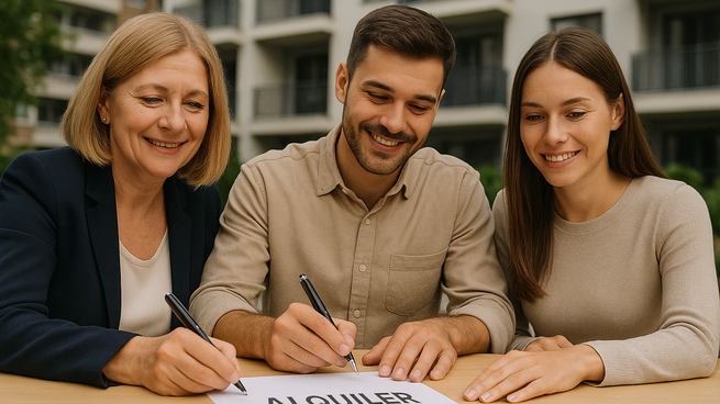 Una pareja firma un nuevo contrato de alquiler. Hay oferta pero los valores se mantienen elevados en algunos casos